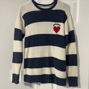 Aeropostale Navy and Cream Striped Crewneck Sweater with Red Heart